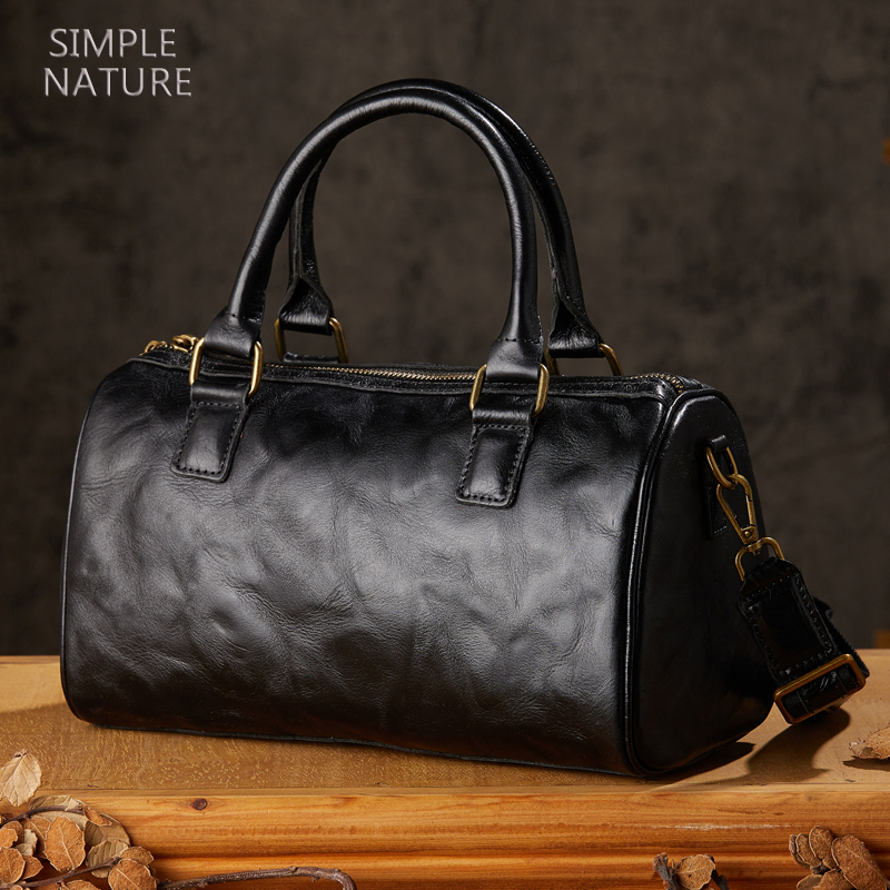 手工原创头层牛皮手提包女新款简约单肩斜挎包女包通勤百搭圆筒包