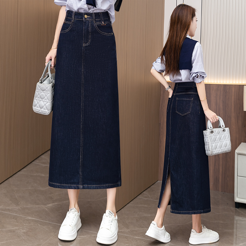 丹宁蓝a字牛仔半身裙女秋季2025新款高腰显身材开叉包臀裙长裙子