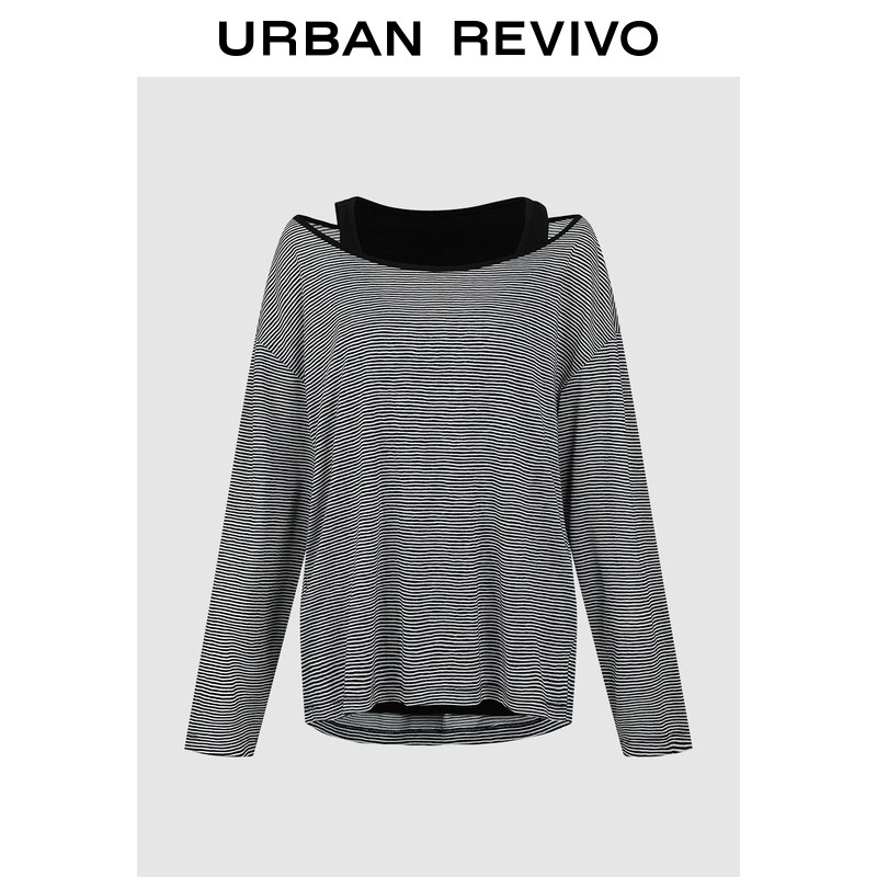 UR2026春季新款女装休闲撞色条纹两件式圆领长袖T恤UWH460012
