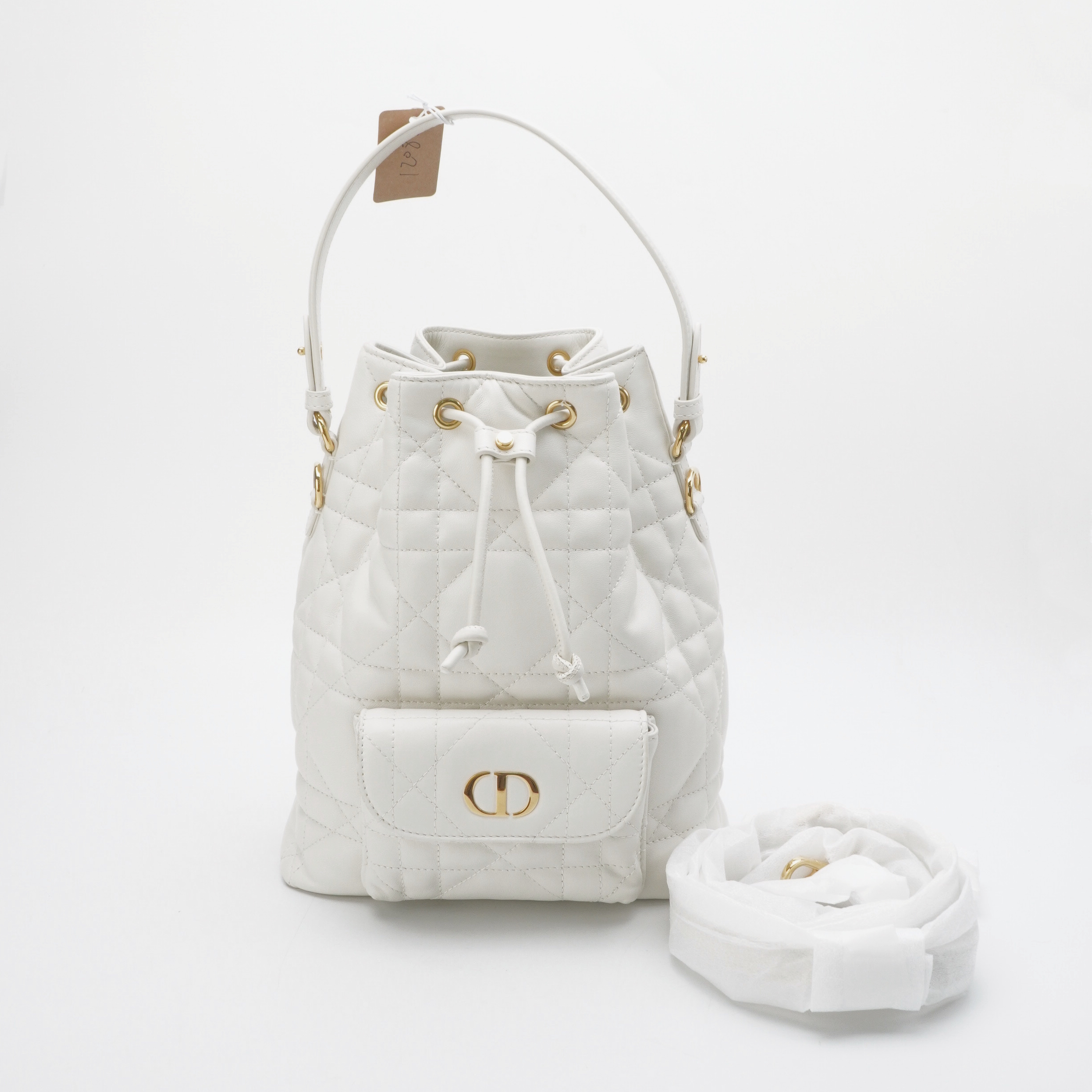 99新 DIOR/迪奥 Dior Caro奶白小号水桶包 12082