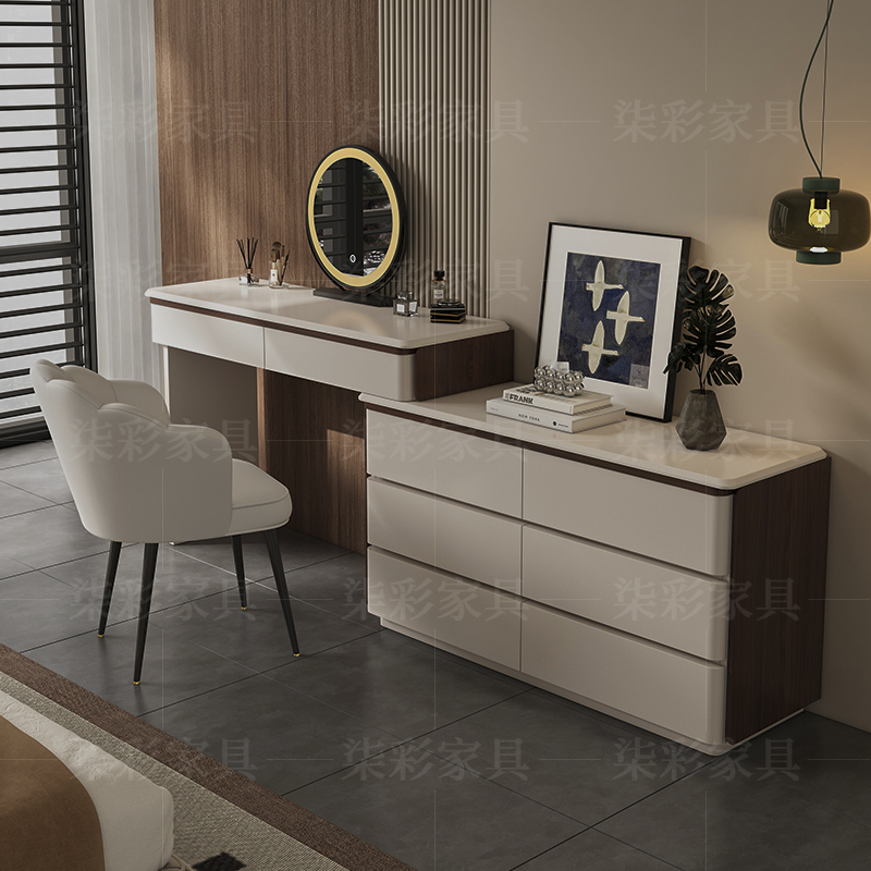 意式梳妆台新中式烤漆实木梳妆桌斗柜一体简约奶油灰妆台卧室家用