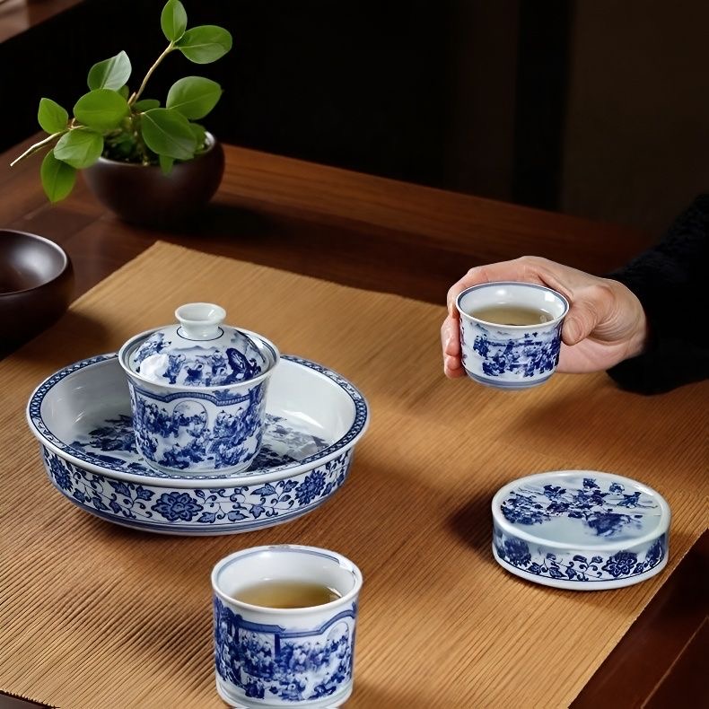 景德镇陶瓷青花山水春山图功夫盖碗套组杯盖茶具套装压手家用高端
