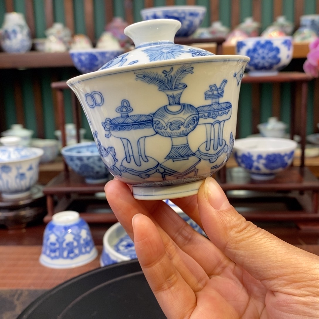 手工陶瓷柴窑博古画盖碗