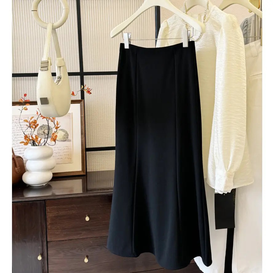 【椰子夫妇专属】气质修身鱼尾裙高腰中长黑色包臀裙 5518