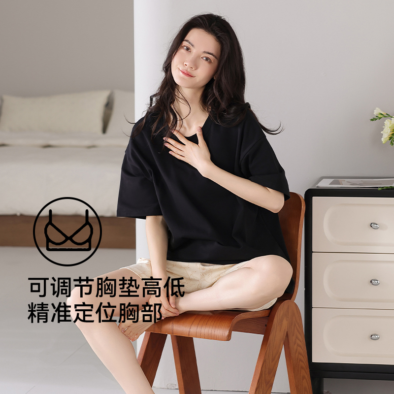 纯棉睡衣女夏季圆领短袖短裤套装带胸垫休闲可外穿家居服可调女士