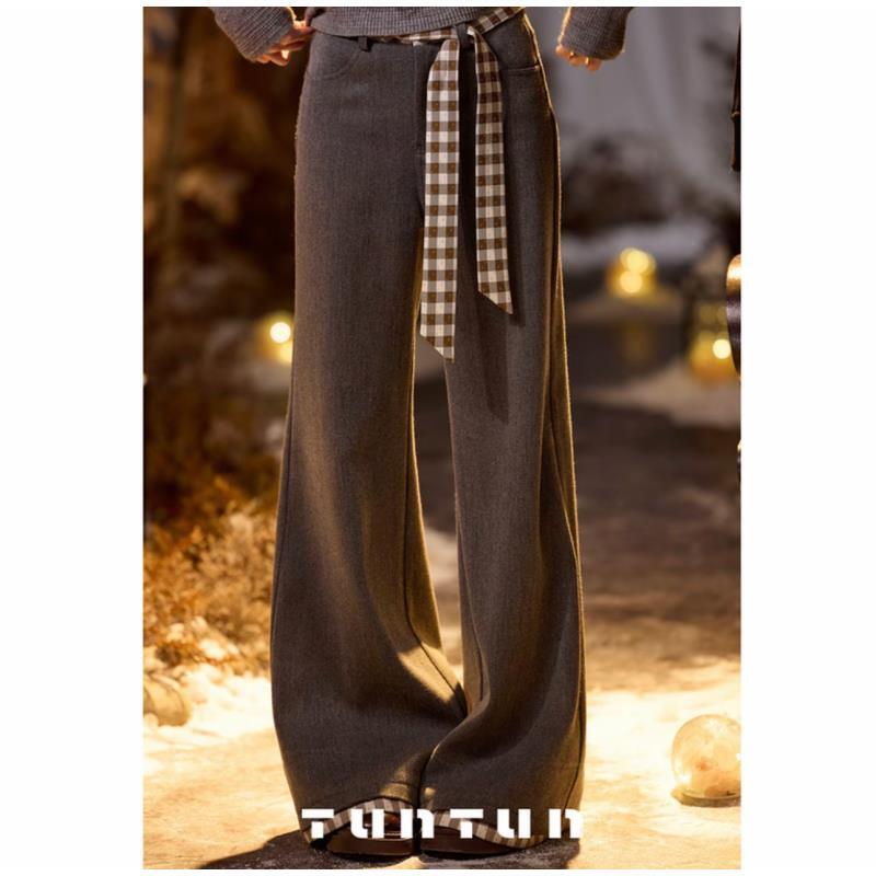 11月30号上新【格调裤 灰色】 复古格纹拼接系带平腰长裤