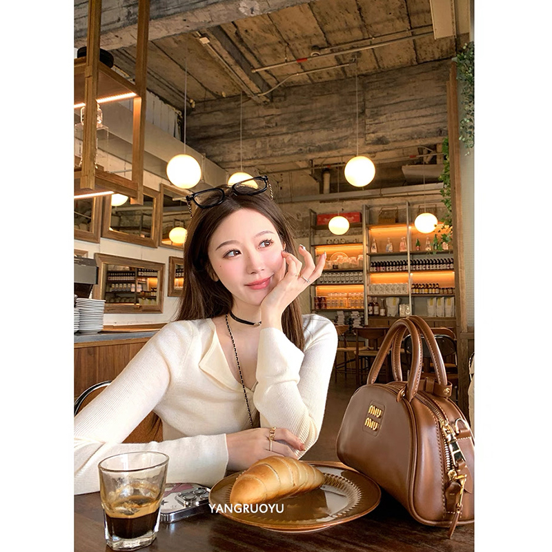 【米白色】3826超柔软新款高品质翻领针织上衣