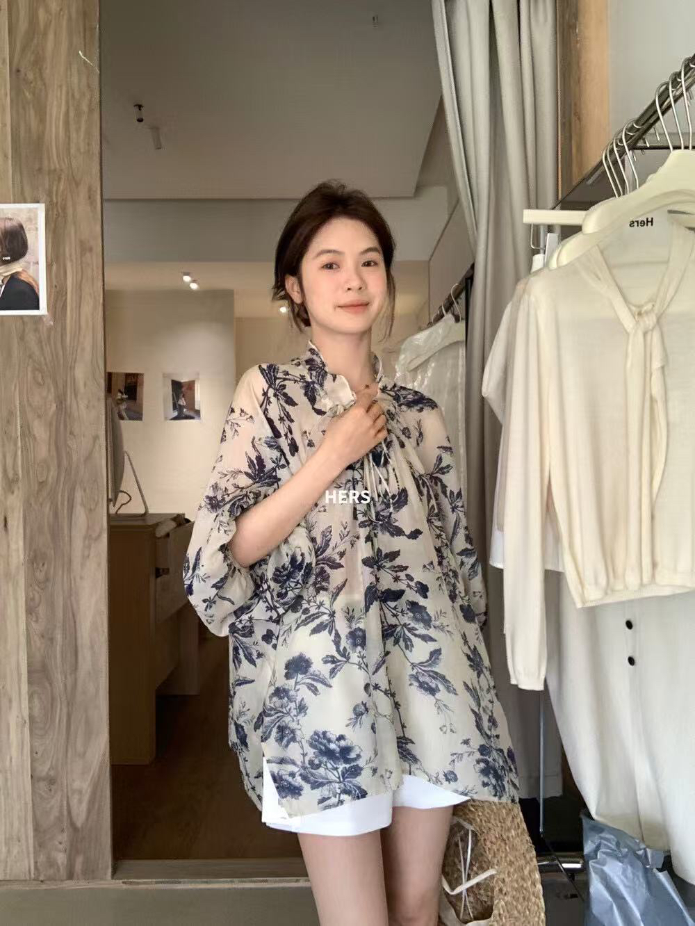 hers@20655 韩系简约气质慵懒风度假系带小衫 4-19