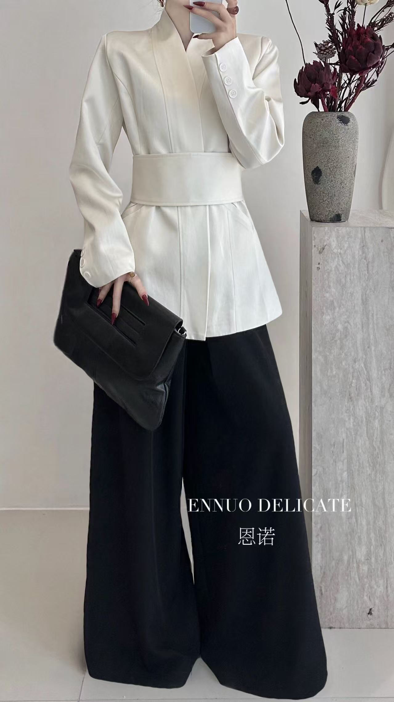 【LEYI】高定系列高级感气质百搭收腰V领西装短外套配腰带