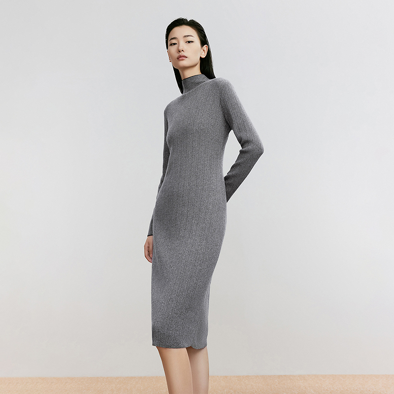 LANCY/朗姿24冬季新款高领细闪羊毛收腰修身高级感针织连衣裙女