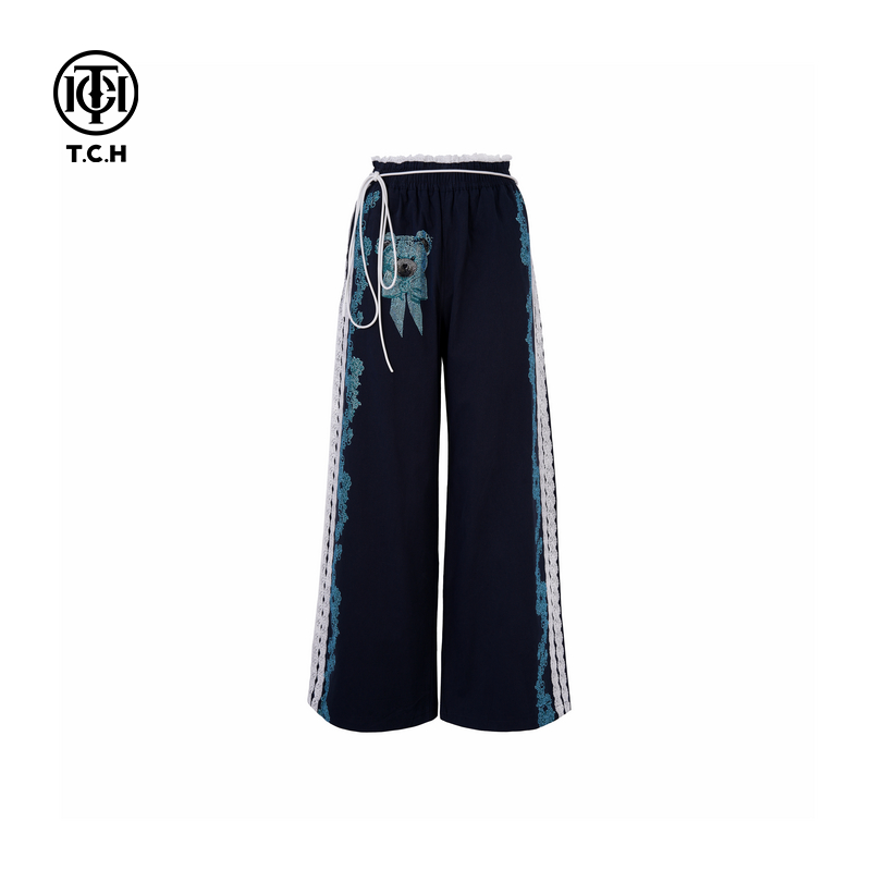 私服-TCH2025春季新款烫钻小熊蕾丝时尚休闲百搭长裤T75A20E5115