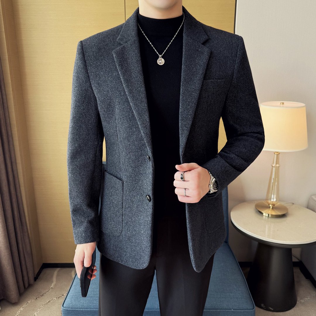 高定羊毛西装外套男士修身加厚高级感痞帅西服冬季休闲平驳领单西