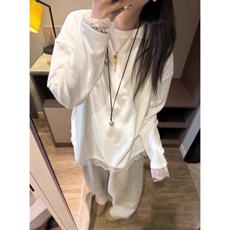 常规韩系高级感蕾丝花边长袖T恤女春秋宽松纯棉打底衫内搭可外穿