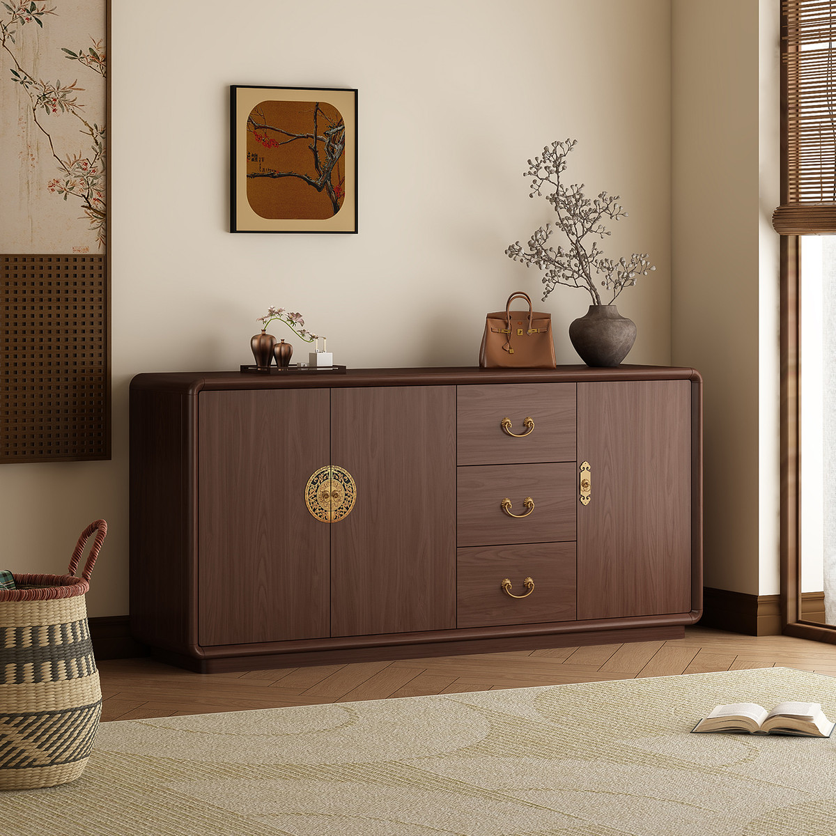 新中式实木餐边柜靠墙一体客厅家用收纳储物柜厨房置物柜茶水柜子