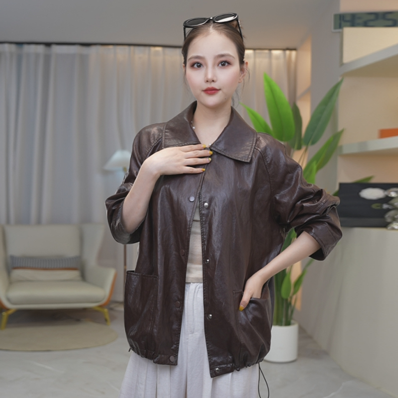 2025新款休闲皮夹克飒复古风秋冬立领宽松女士 韩版皮衣外套女