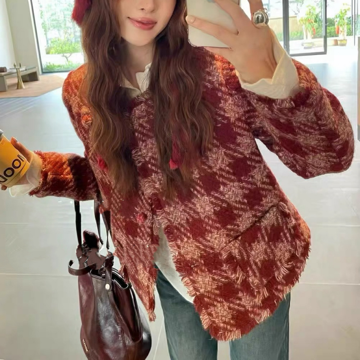 〔红色千鸟格小香羽绒服〕〔不可机洗〕欧站粗花呢流苏小香羽绒外套