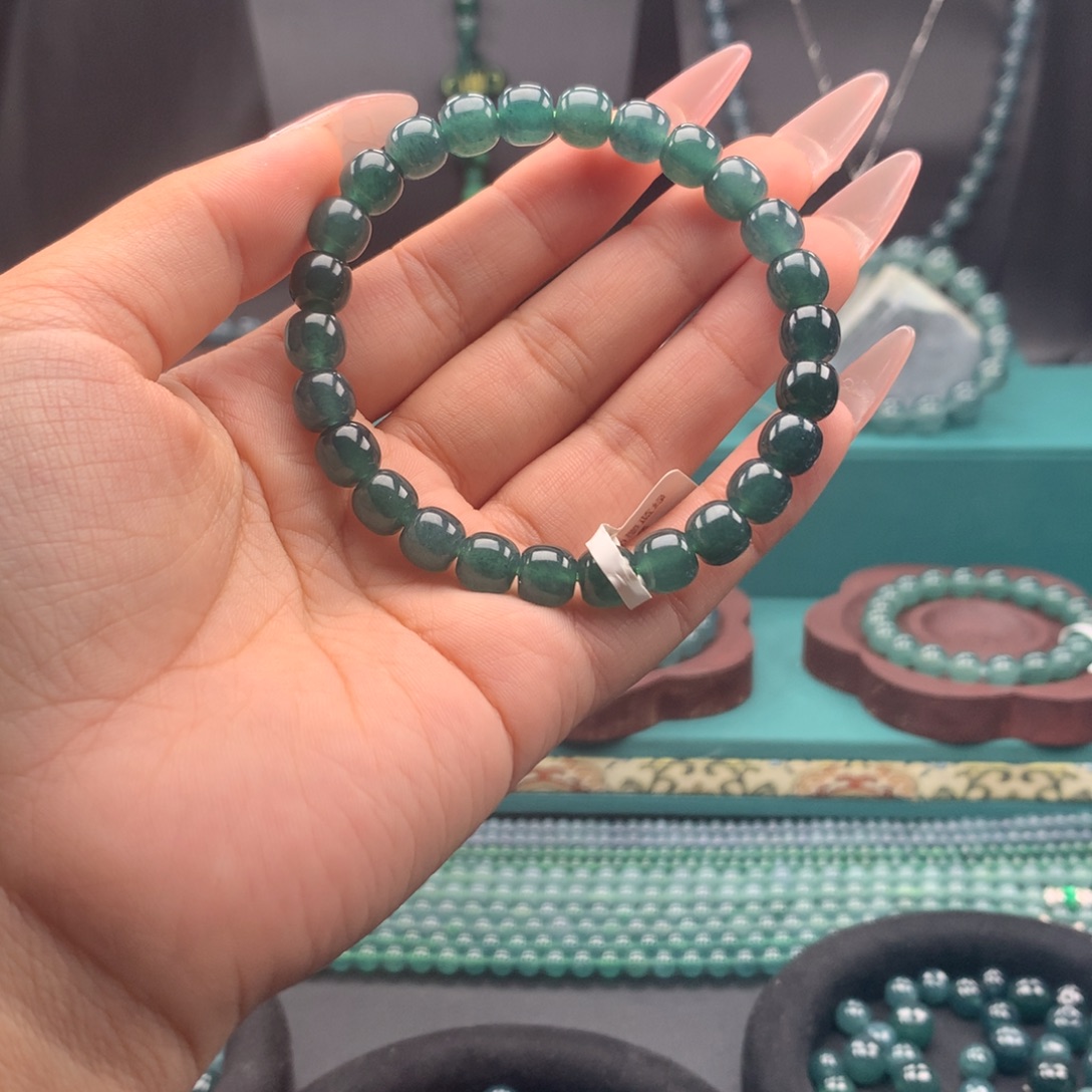 翡翠未镶嵌手链卡7.8mm墨蓝绿老型珠福利款