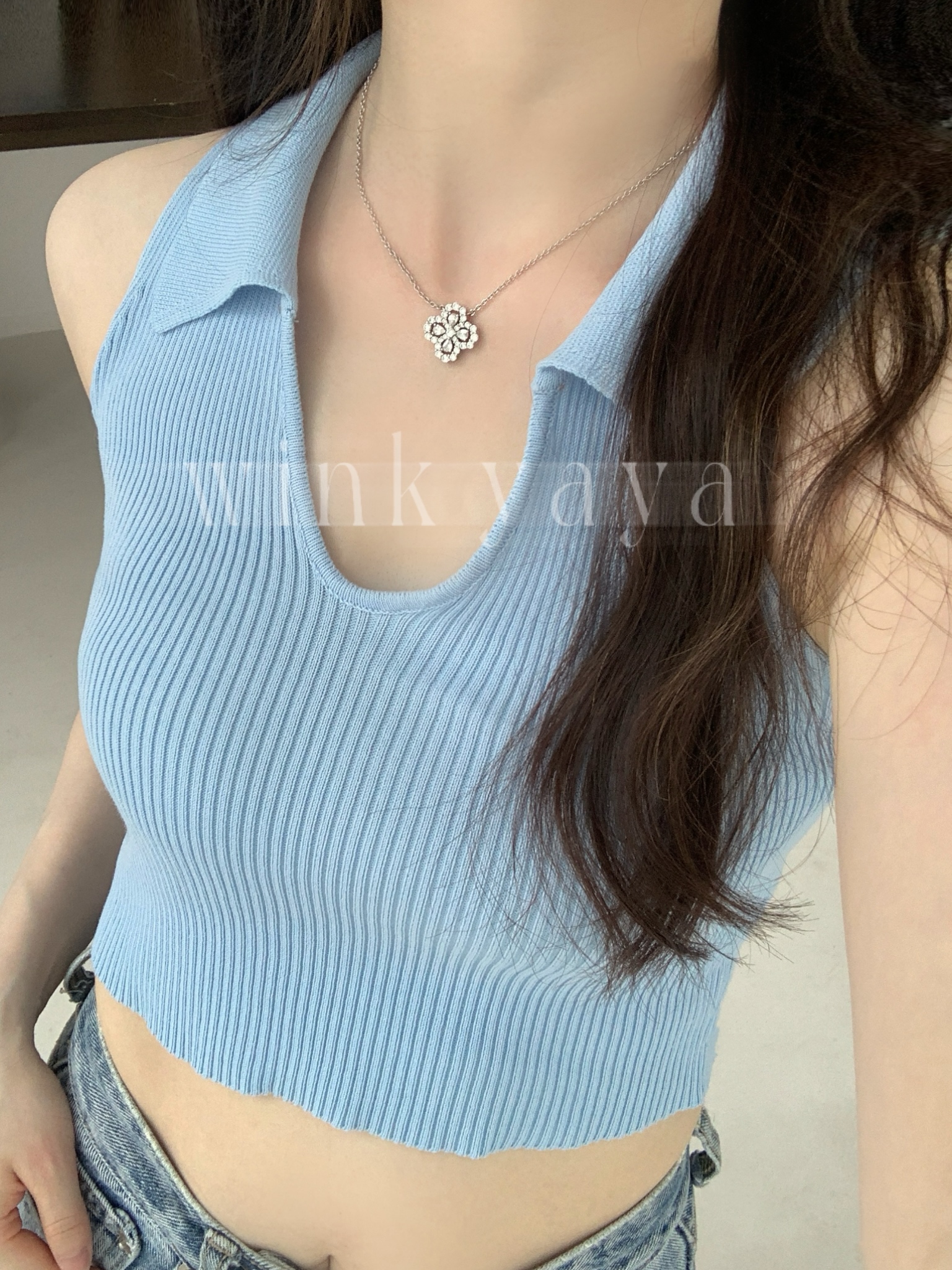 坠链均925银合成锆石 Lp四叶花项链轻奢简约镶钻项链AL1203/AL114