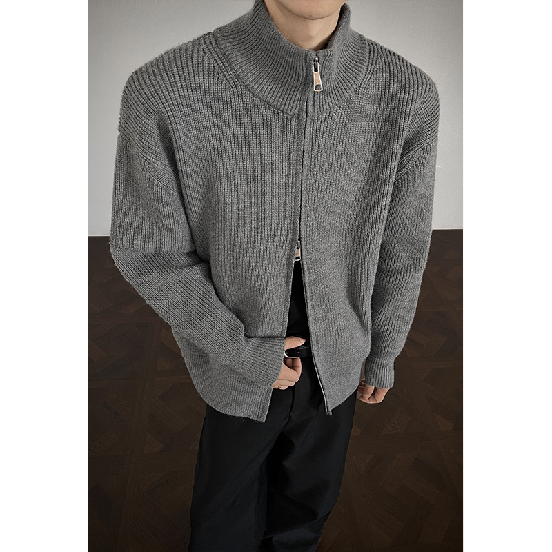 LIGGICC 拉链立领针织开衫毛衣男秋冬纯色美式复古毛线衣夹克外套