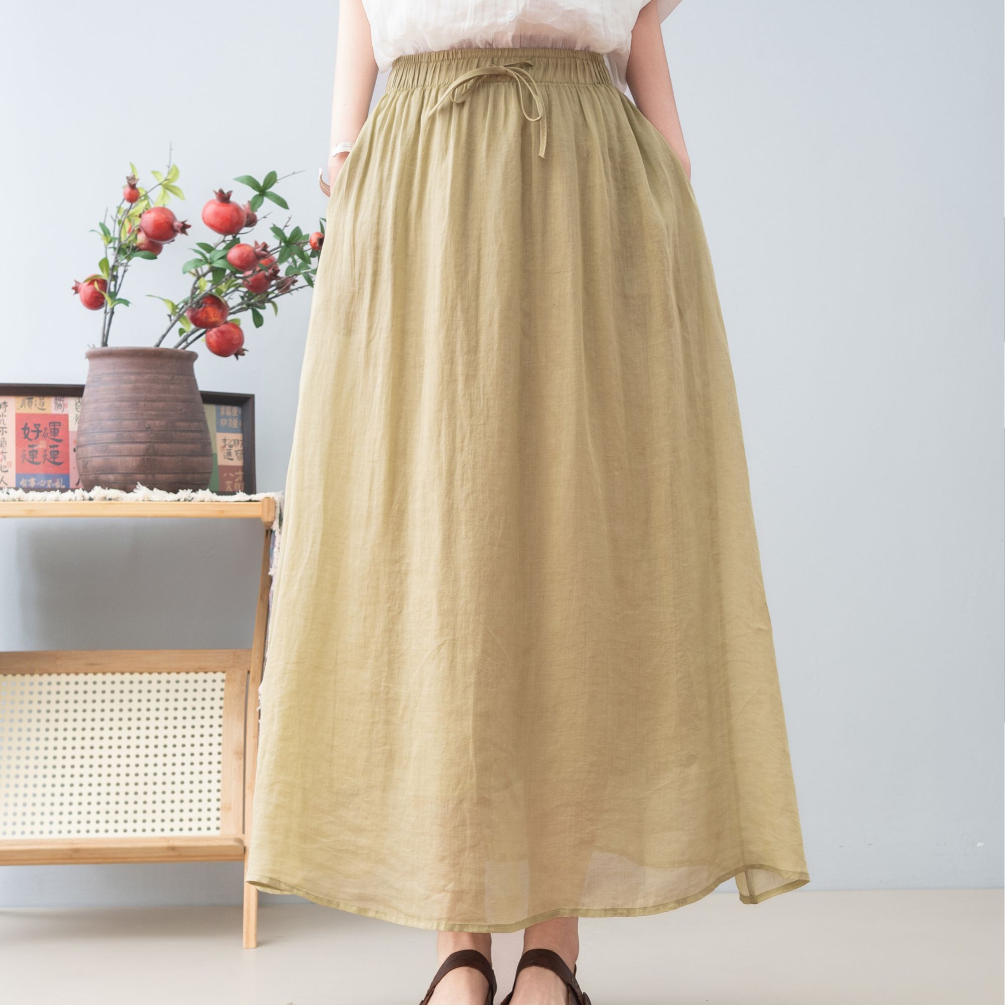 春季新款 82502纯苎麻双层纯色抽绳半裙25新款松紧腰显瘦大摆裙