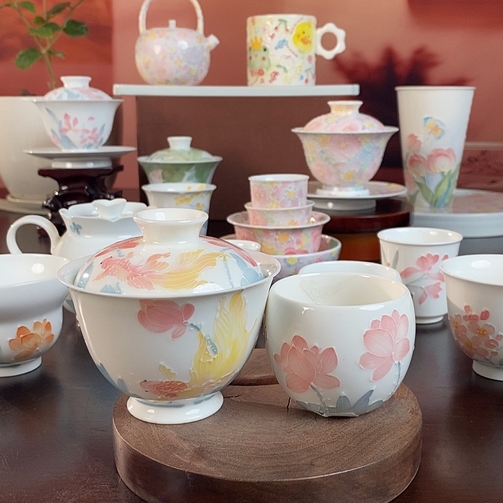 锦鲤荷韵盖碗➕品茗杯手绘釉下高温