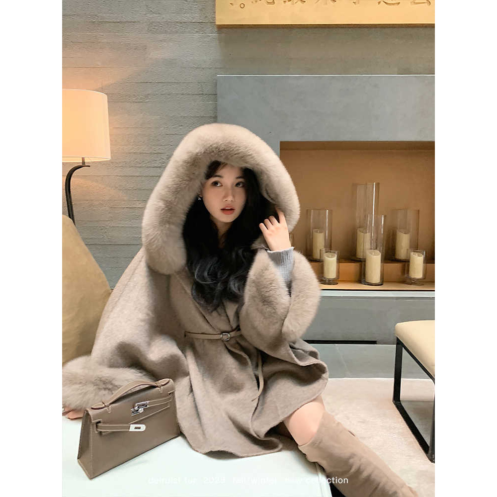 DayeeFur【富家小女】双面羊毛大衣连帽狐狸毛斗篷款系带