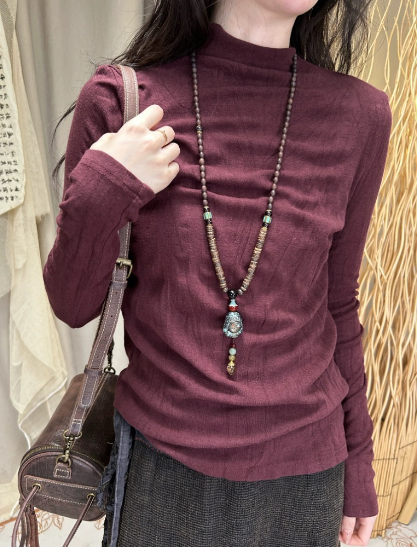 （多色可选）设计纯色做旧肌理质感高弹褶皱半高领打底衫女慵懒风