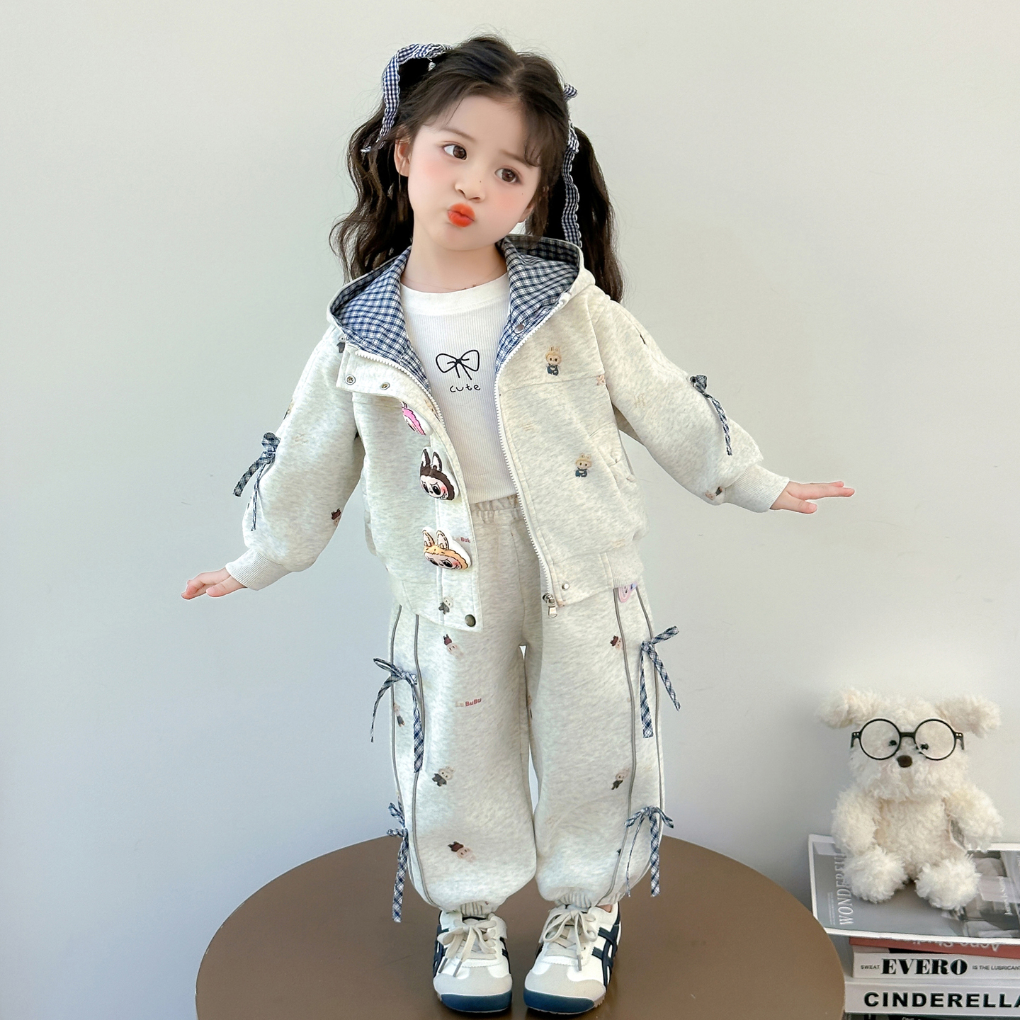 女童拉布布卫衣运动套秋季新款洋气时尚女宝宝相拼格子卡通两件套