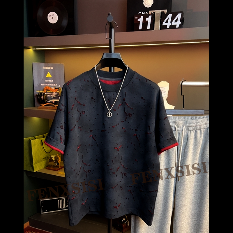 轻奢夏季男士破洞短袖T恤美式高街潮流设计感宽松圆领上衣