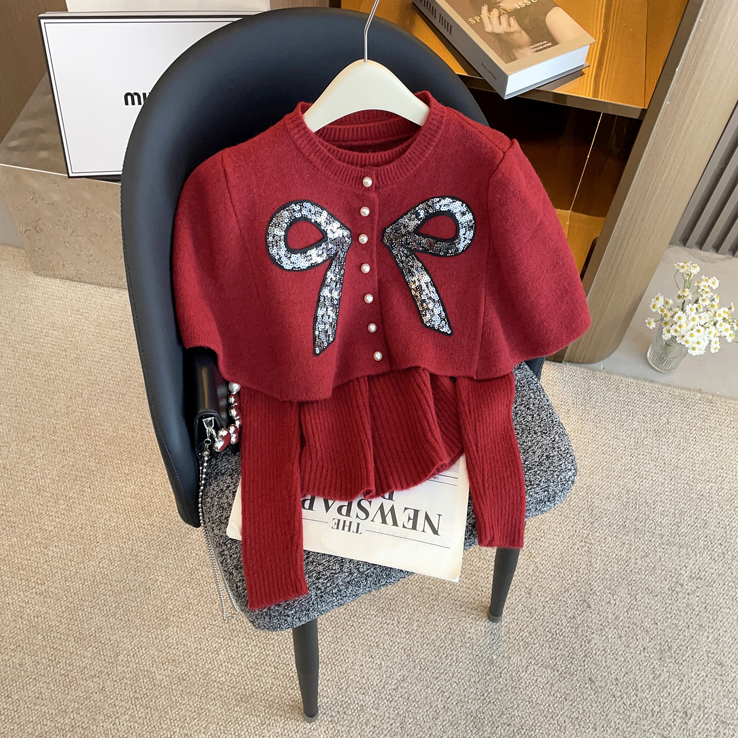 25法式千金风蝴蝶结亮片斗篷披肩长袖假两件显瘦女士针织衫DY9802