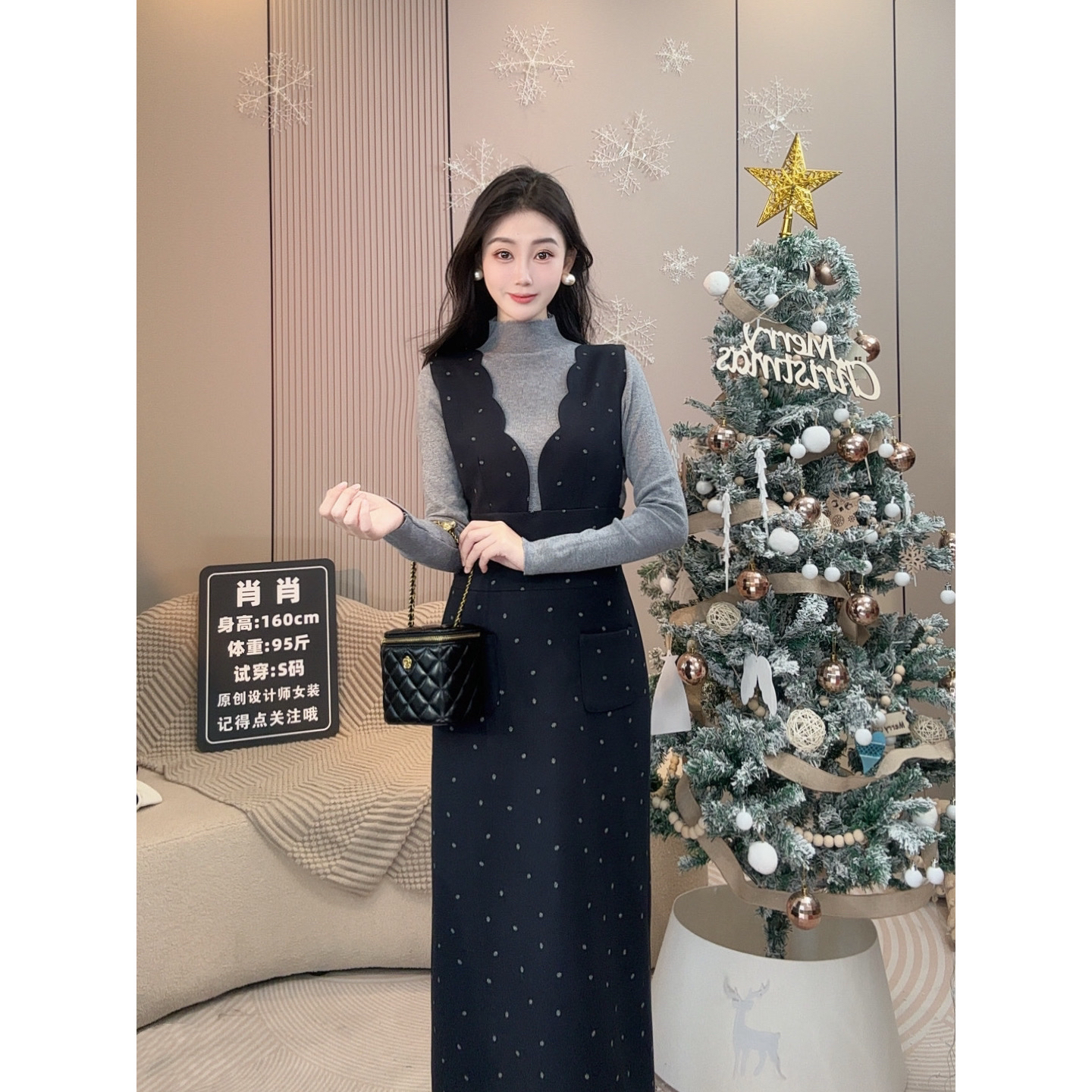 X'XIAO B秋冬季复古印花波浪磨毛毛呢加厚连衣裙套装