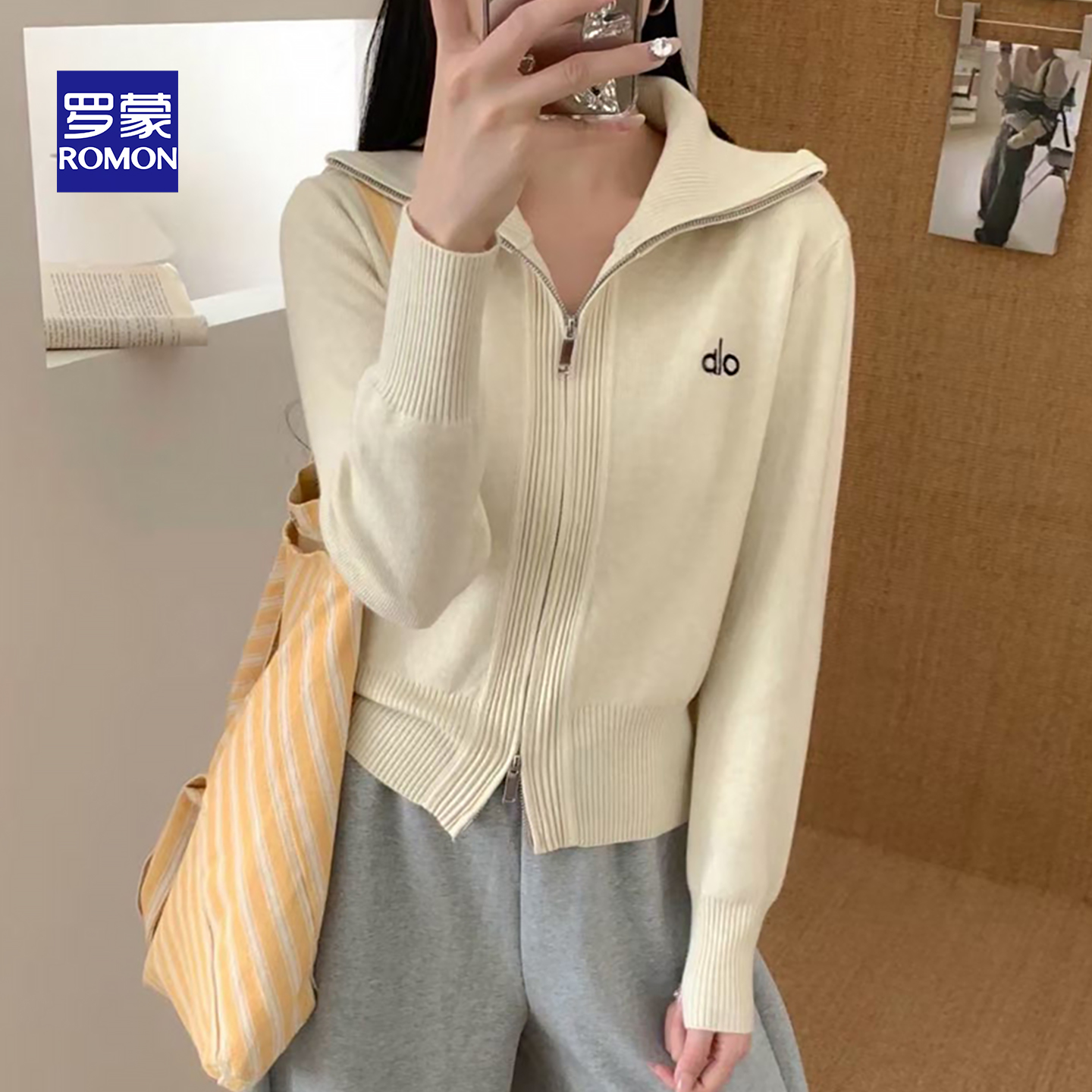 高领毛衣女外套秋冬季新款宽松显瘦长袖上衣刺绣双拉链开衫针织衫