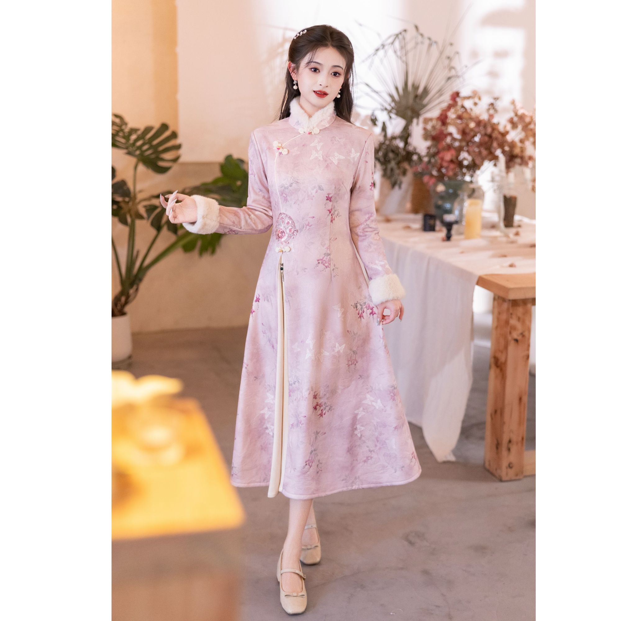 粉色旗袍冬季加绒加厚刺绣复古奥黛茶服女新中式国风连衣裙冬装