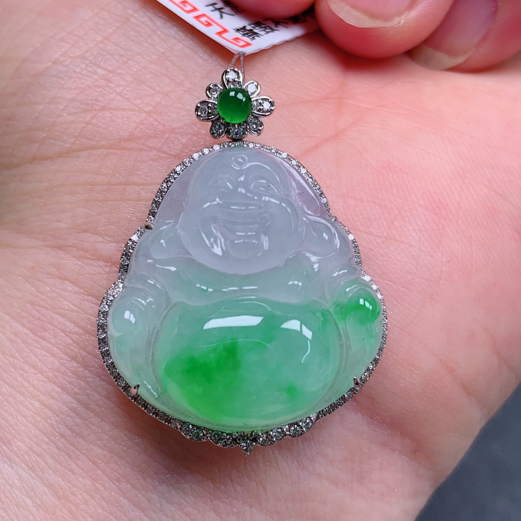 天然缅甸翡翠A货18k冰飘花佛公气质精美尺寸34.2*26*9.8 370