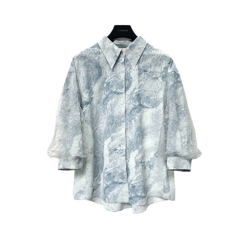 圣迪奥SDEER翻领印花休闲时尚个性拼接夏季百搭衬衫S232Z0509