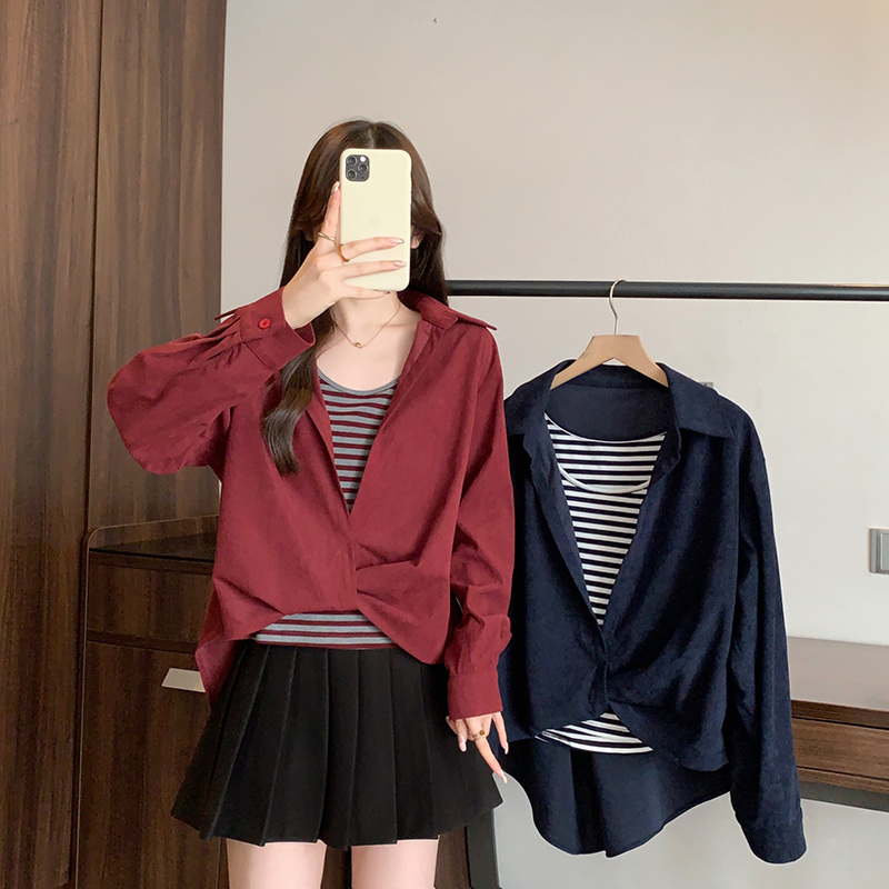 2025秋装新款胖mm大码女设计感条纹背心别致衬衣上衣套装22924