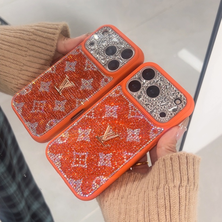 满钻橙色高级水钻手机壳适用苹果17/16/15/14/13pro