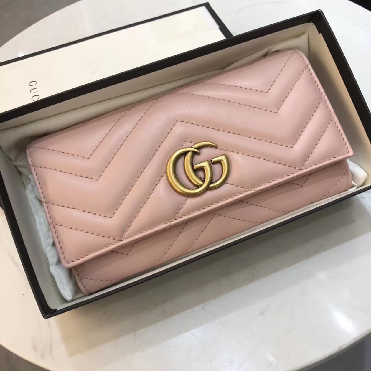 95新 GUCCI/古驰 Gucci裸粉马蒙长款钱包 25110080-05