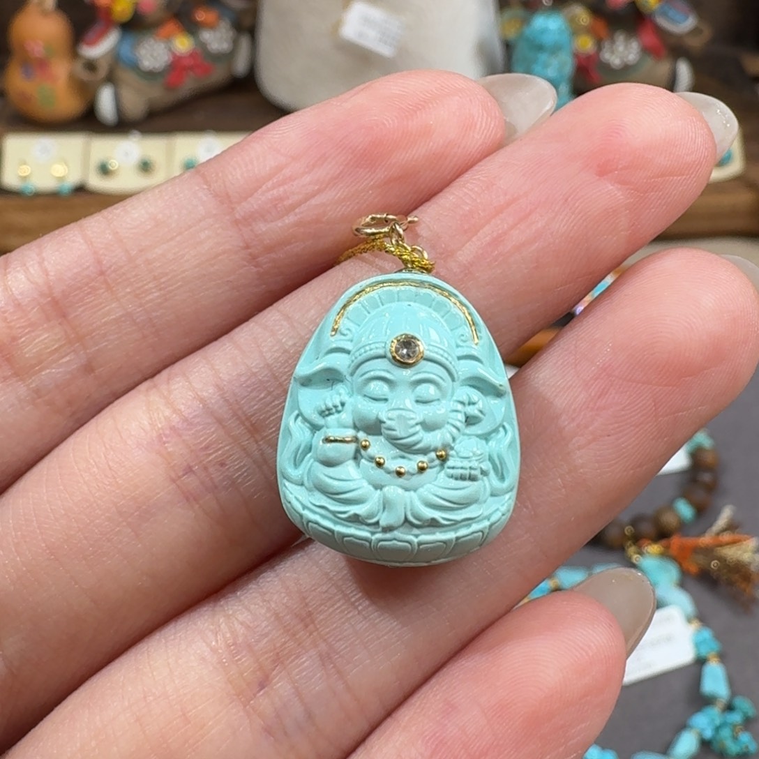 绿松石18K金镶嵌吊坠(不含链)象神