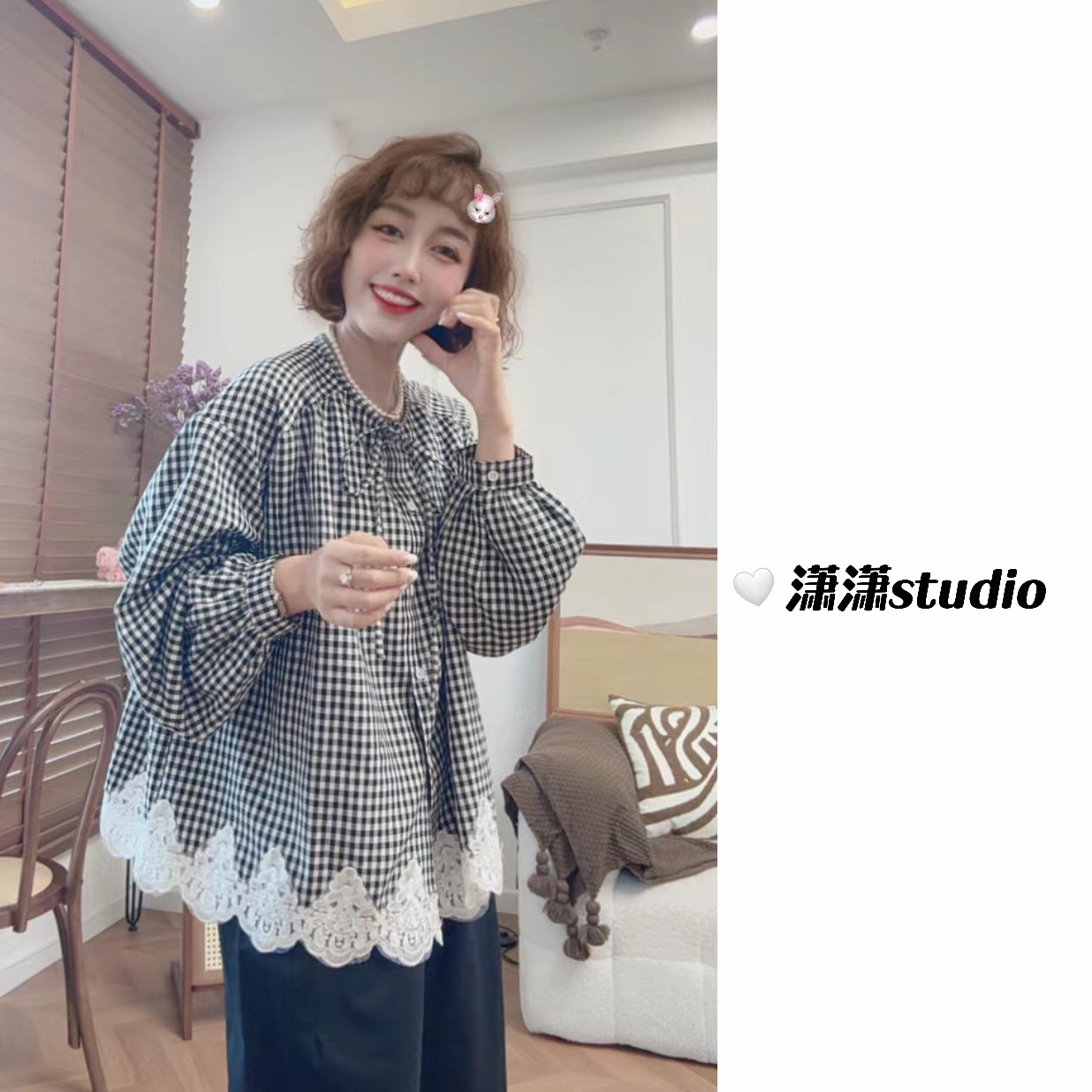 【花边小格衬衣】【袖子好看哟】【胖瘦可穿】潇潇韩系小格子衬衣XS2550