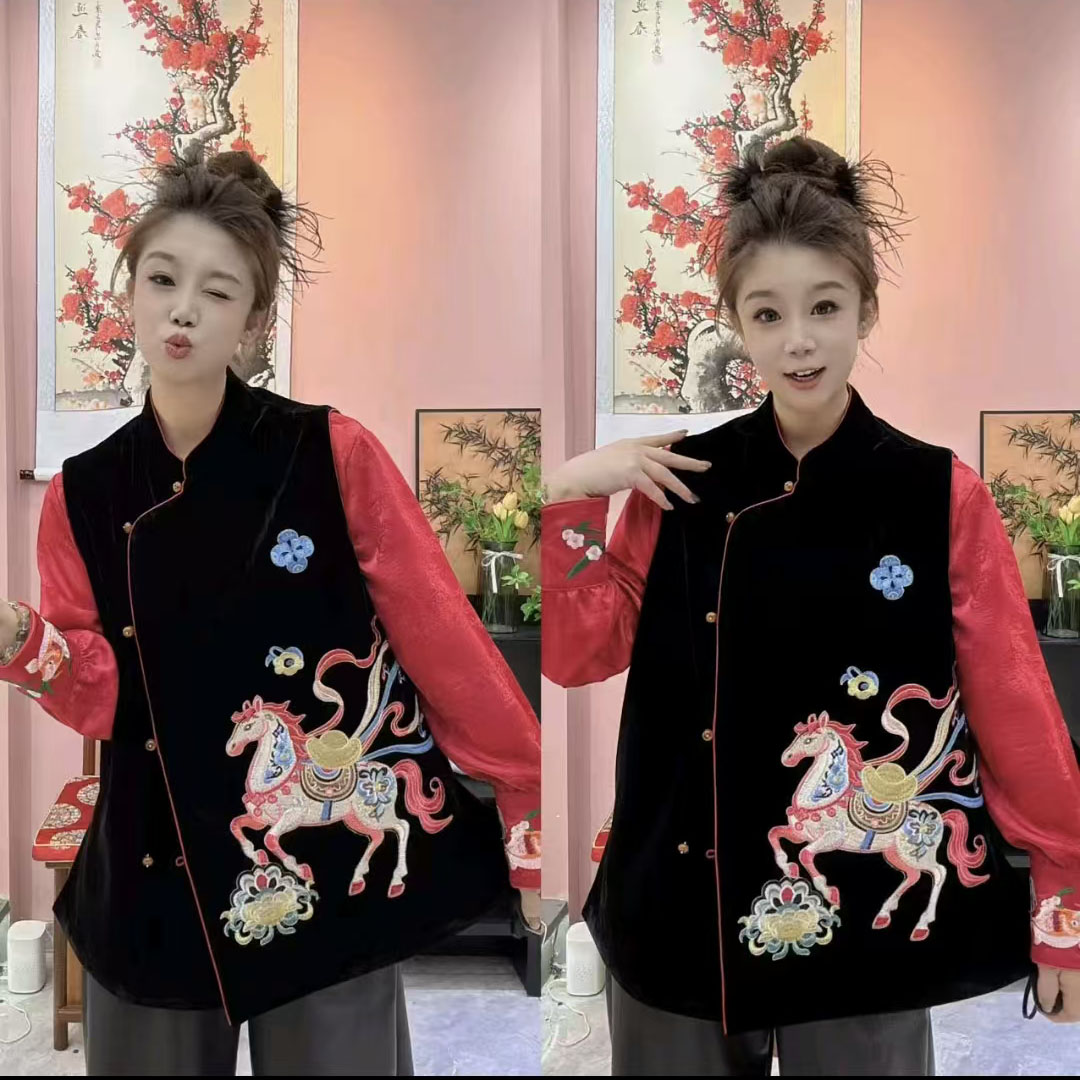 大聪新中式丝绒刺绣马甲大码国风马上有钱复古200斤坎肩9157