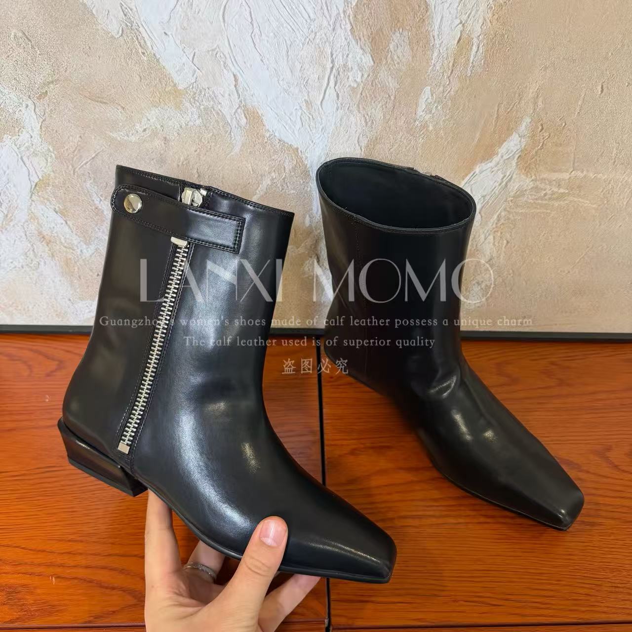【若希】时尚百搭黑色真皮粗跟英伦秋冬圆头拉链短靴25XZ792LX
