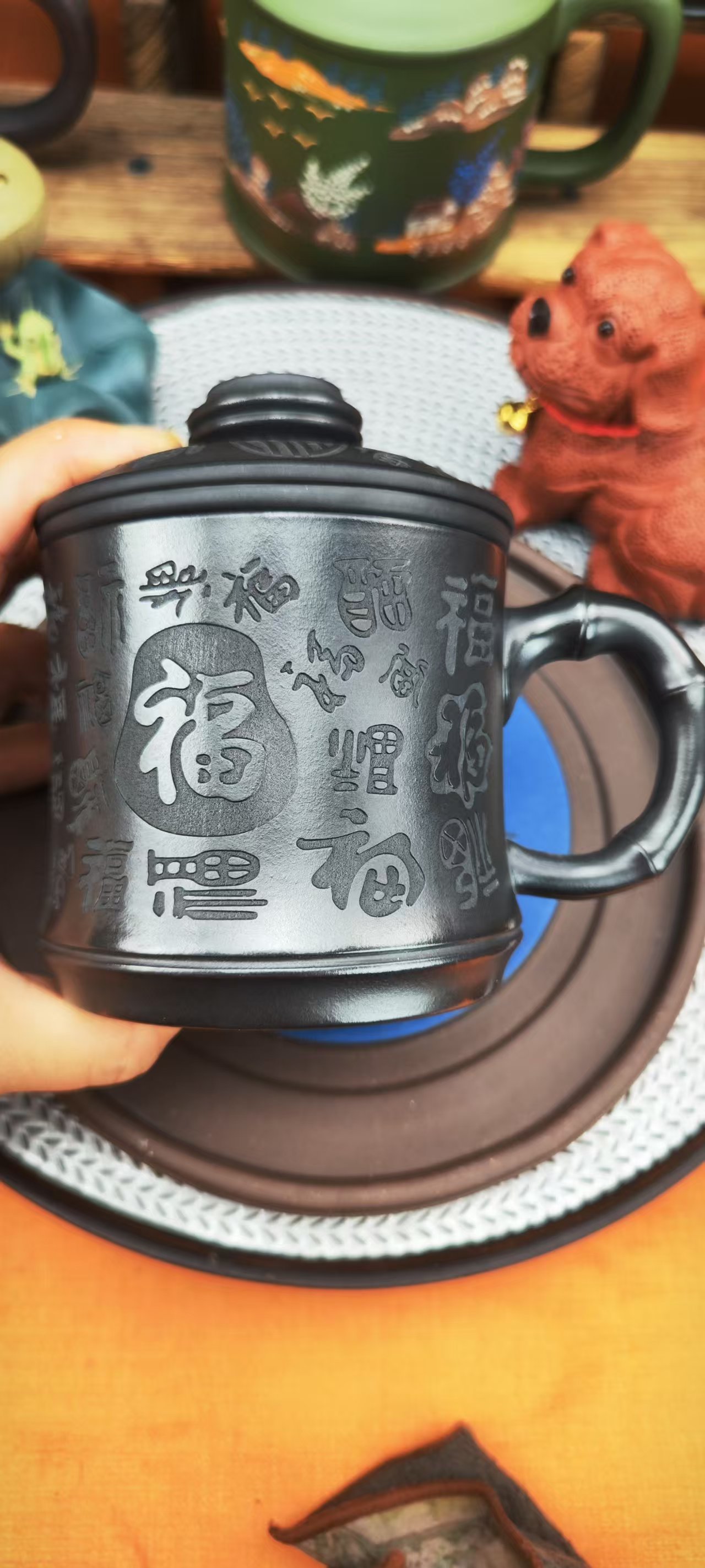 石黄泥料百福三件套盖杯