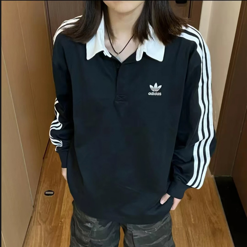adidas三叶草ADICOLOR欧若风柔软休闲黑色男女长袖POLO衫 IZ4806