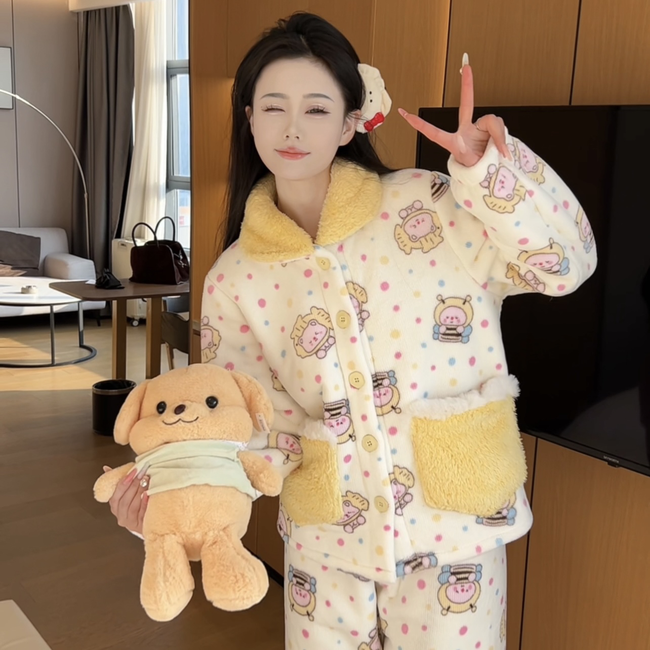（黄油蜜蜂）冬季加厚气质可爱精保暖毛绒绒睡衣长袖家居服可外穿