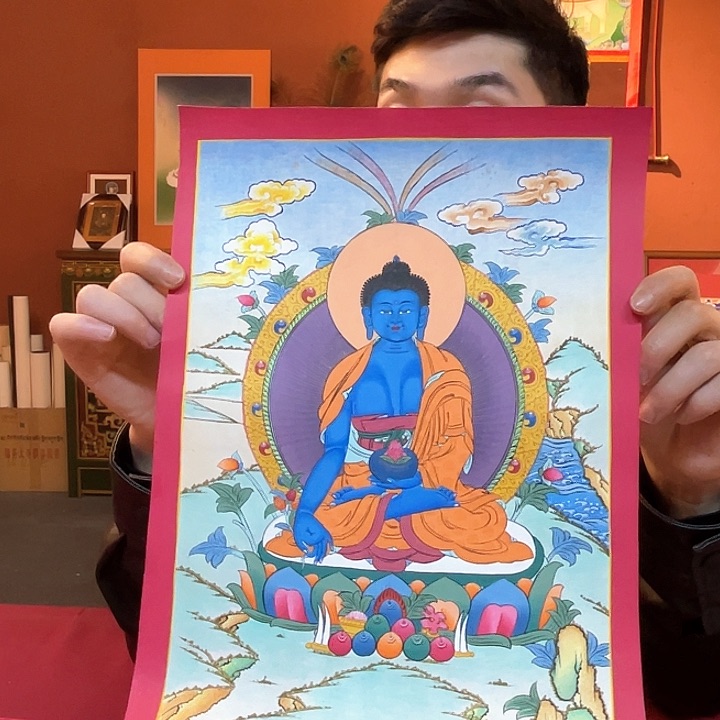 卷轴画25×35彩糖纯金药师一副