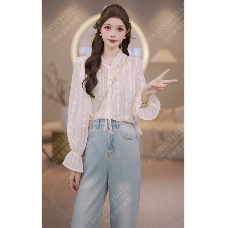 马克华菲女装2025秋季法式重工提花圆领长袖衬衫设计感气质上衣 X