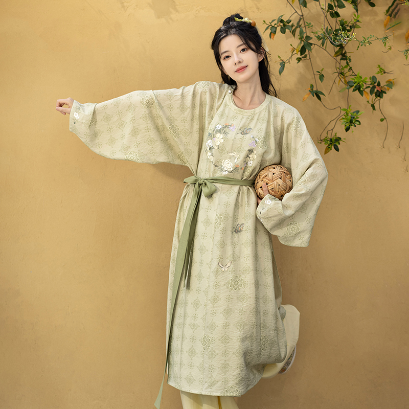 池夏【花间事:青提奶绿】唐制绣花圆领袍灯笼裤原创改良汉服女 夏