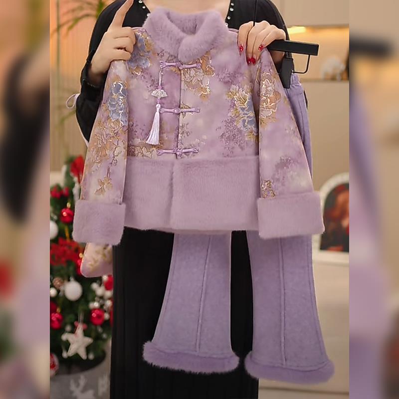 女童拜年服2025新款女孩过年衣服儿童冬季加绒新中式新年国风套装
