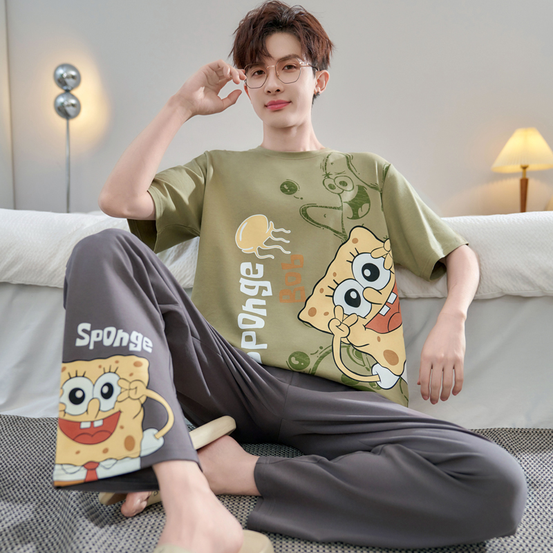 男士睡衣纯棉春秋季薄款短袖长裤加大码青少年夏季男款家居服套装
